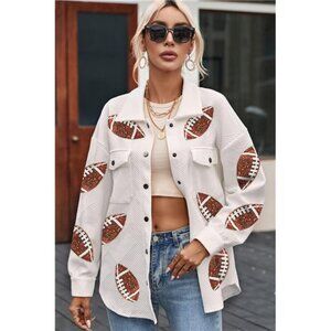 Sequin Football Patch Collared Neck Snap Button Jacket